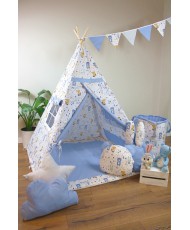 Namiot Tipi dla dzieci - Kumple z Lasu, Niebieski + Kosz na zabawki + Girlanda