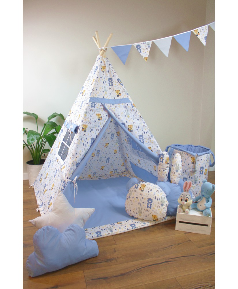 Namiot Tipi dla dzieci - Kumple z Lasu, Niebieski + Kosz na zabawki