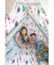 Namiot Tipi dla dzieci - Pióra, Szałwia + Kosz na zabawki + Girlanda