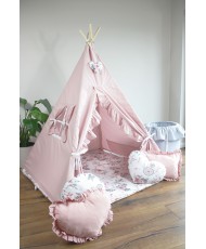 Namiot Tipi dla dzieci z falbankami - Łapacz Snów, Różowy + Kosz na zabawki