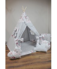 Namiot Tipi dla dzieci z kokardami - Łapacze Snów, Szary + Kosz na zabawki + Girlanda