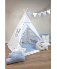 Namiot Tipi dla dzieci - Gwiazdki, Niebieski + Kosz na zabawki + Girlanda
